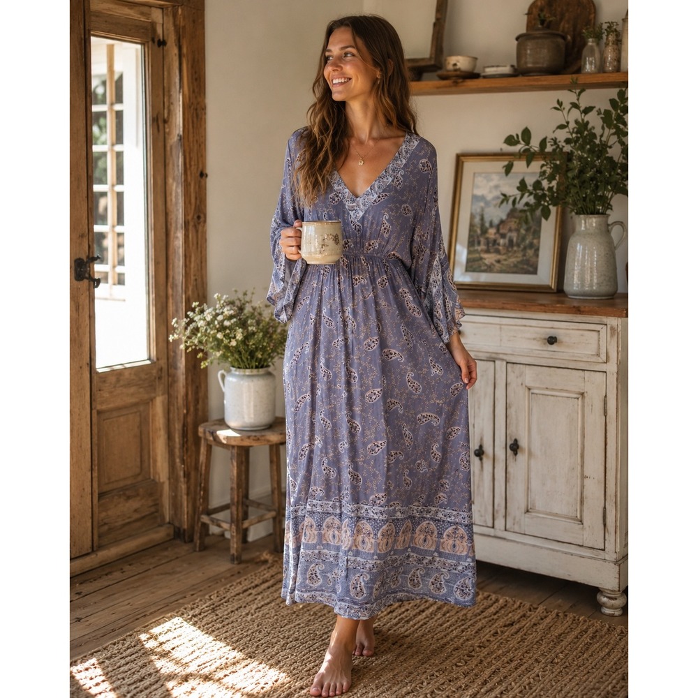 World Market Paisley Maxi Dress Small Medium BOHO Dramatic Bell Sleeves V-Neck